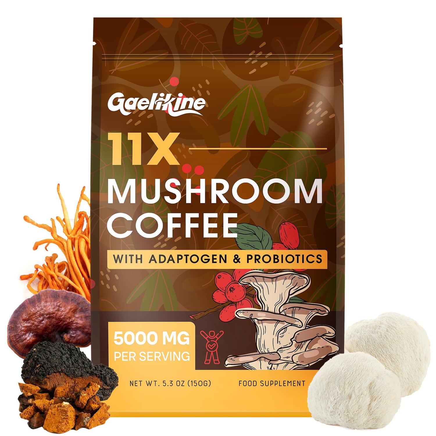 Gaelikine 10-mushroom coffee blend 150g pouch with adaptogens and probiotics