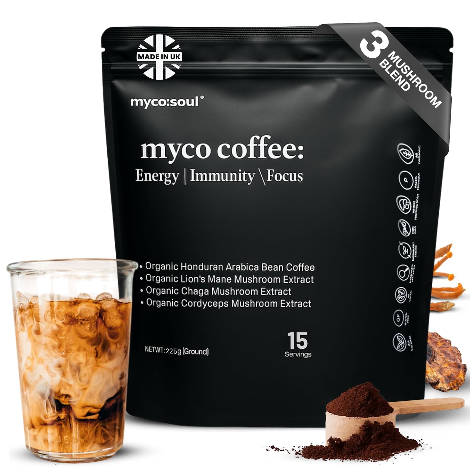 myco:soul organic ground mushroom coffee 225g bag, medium roast Arabica blend