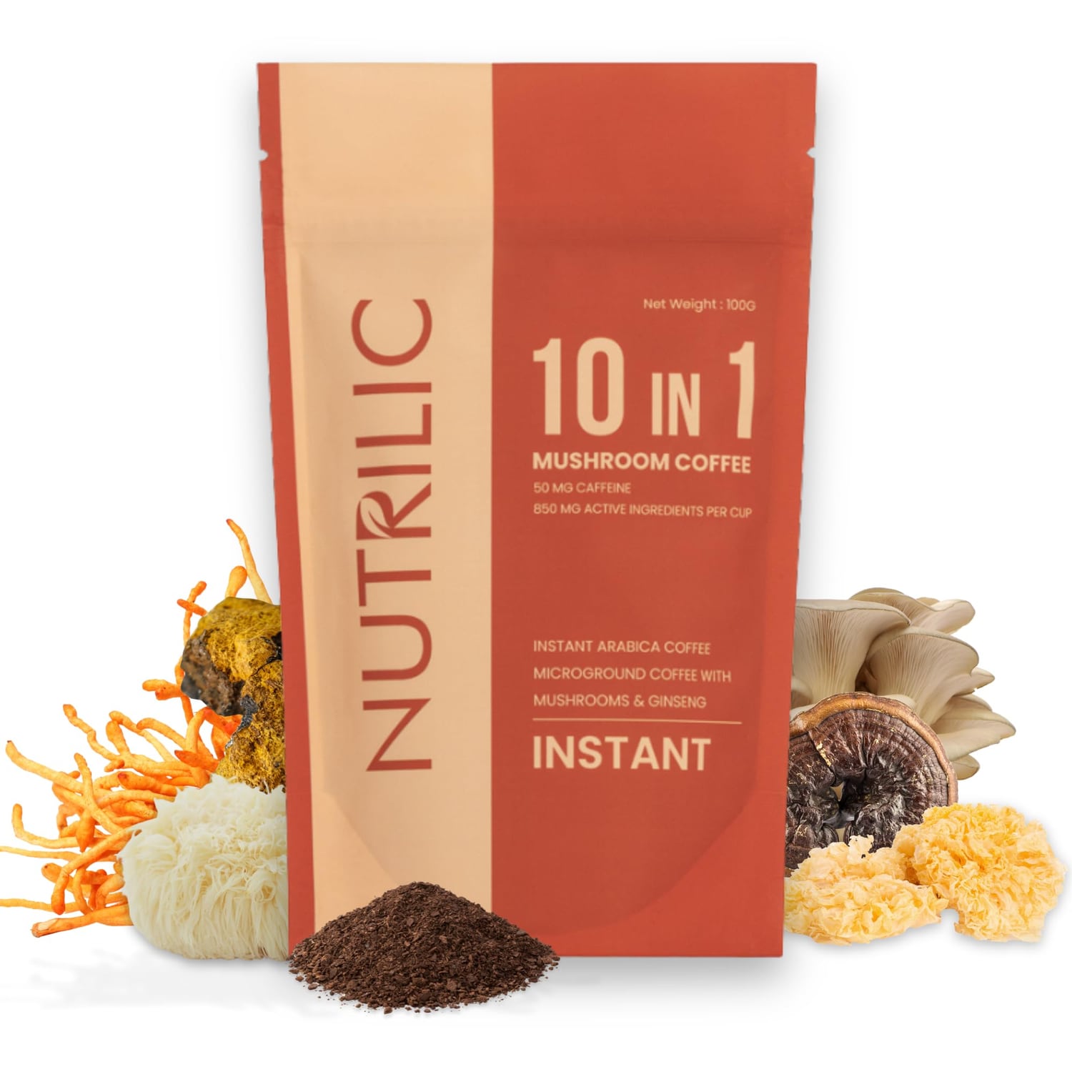 Nutrilic 10 mushroom coffee pouch with instant Arabica and micro-ground blend