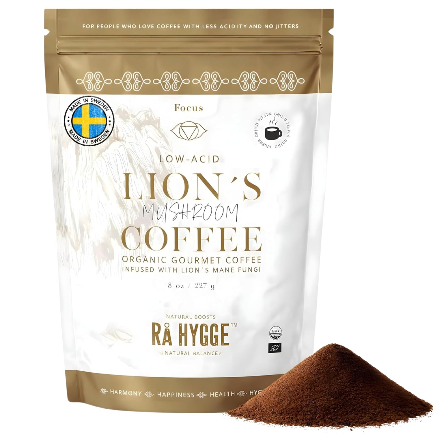 Rå Hygge caffeine-free Lion’s Mane ground coffee 227g bag, made in Sweden