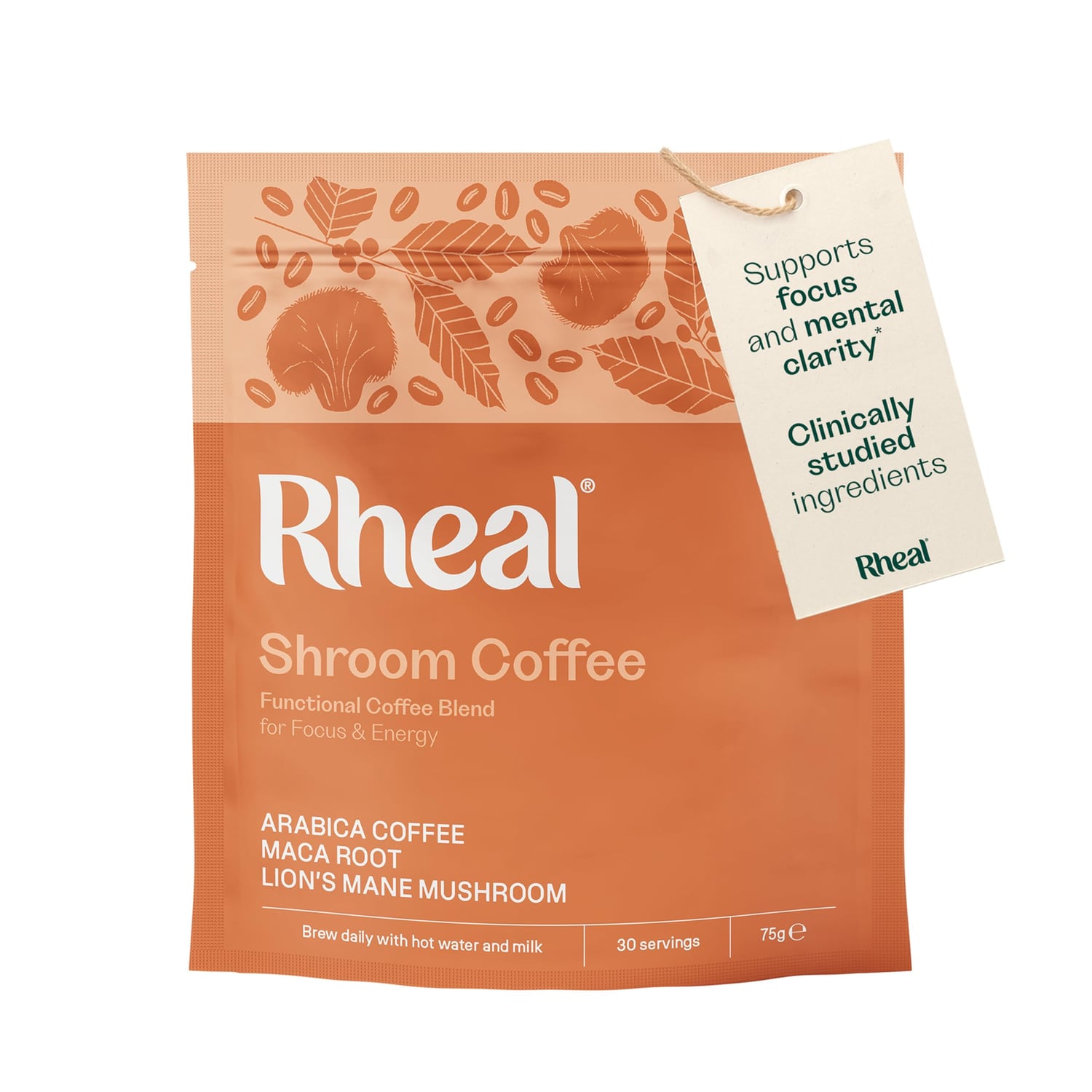 Rheal Shroom Coffee 75g pouch, low-caffeine organic Lion’s Mane blend