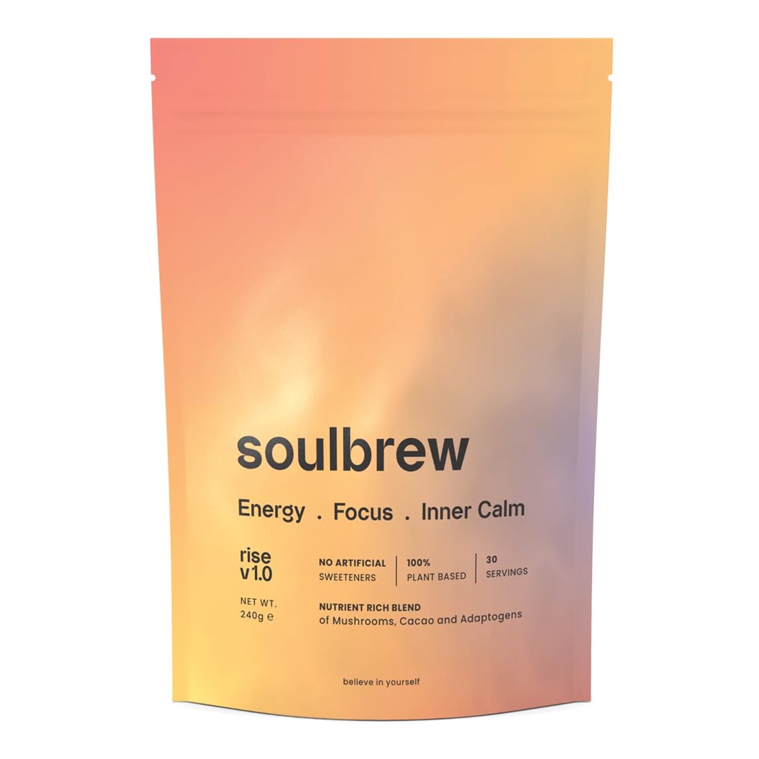 SoulBrew Rise mushroom coffee alternative pouch with cacao and Lion’s Mane