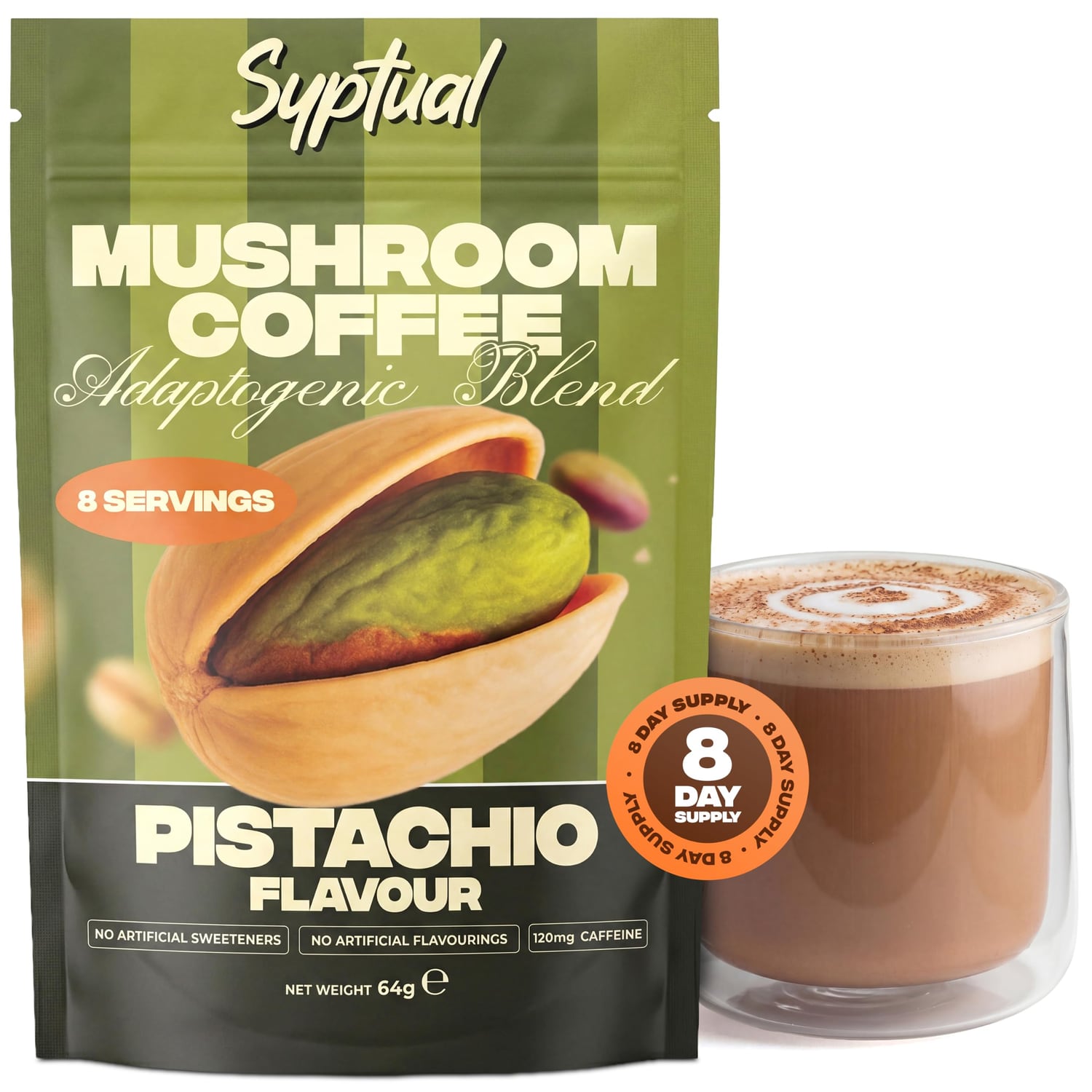 Syptual Pistachio mushroom coffee 64g starter pouch with Lion’s Mane and cacao