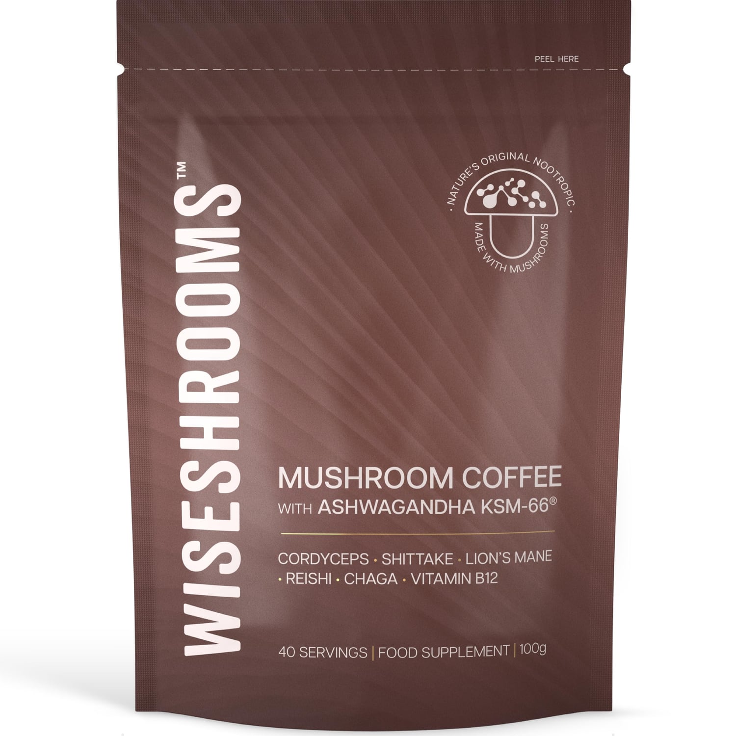 Wiseshrooms five-mushroom coffee 100g pouch with KSM-66 ashwagandha