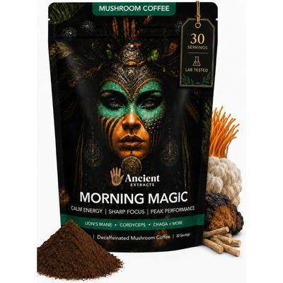 Morning Magic decaf mushroom coffee pouch, a lab-tested caffeine-free functional coffee