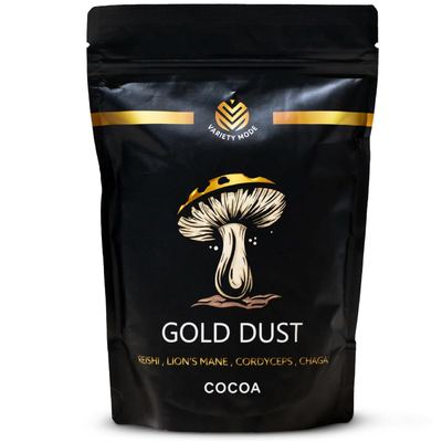 Variety Mode Gold Dust cocoa mushroom coffee, a chocolatey flavoured functional blend